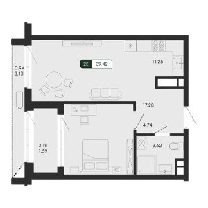 2 комнатная 39.42м²