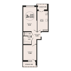 2 комнатная 56.55м²