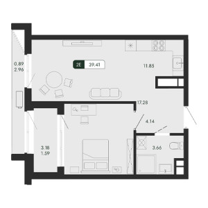 2 комнатная 39.41м²