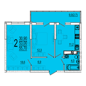 2 комнатная 55.7м²