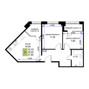 2 комнатная 51.9м²