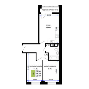 2 комнатная 51.1м²