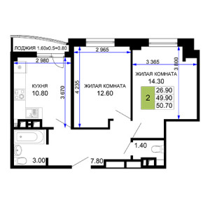 2 комнатная 50.7м²