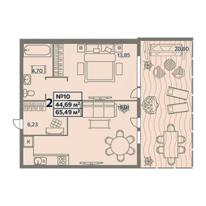 2 комнатная 65.49м²