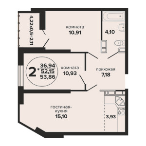 2 комнатная 53.86м²