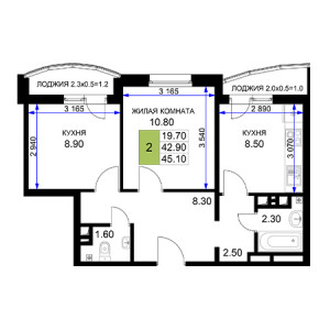 2 комнатная 45.1м²