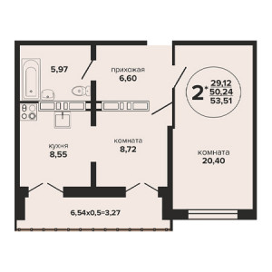 2 комнатная 53.51м²