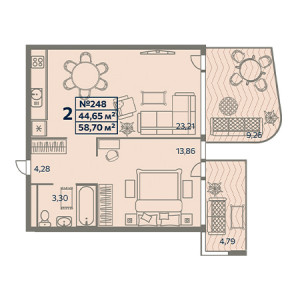 2 комнатная 58.7м²