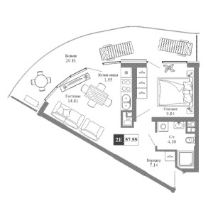 1 комнатная 57.55м²