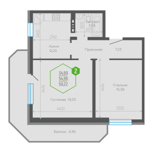 2 комнатная 59.22м²