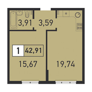 1 комнатная 42.91м²