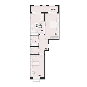 2 комнатная 64.6м²