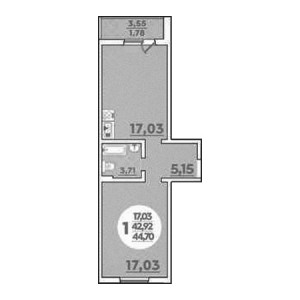 1 комнатная 44.7м²