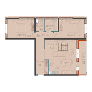 2 комнатная 74.13м²