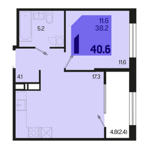 1 комнатная 40.6м²