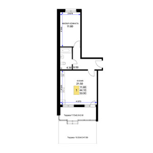 1 комнатная 53.9м²