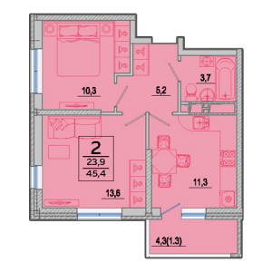 2 комнатная 45.4м²