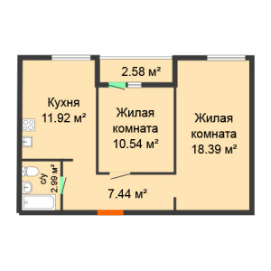 2 комнатная 52.57м²