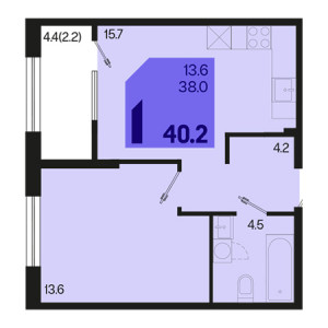 1 комнатная 40.2м²