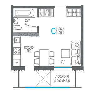 Студия 29.1м²