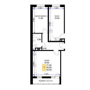 1 комнатная 42.8м²