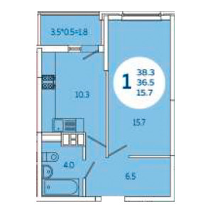 1 комнатная 38.3м²