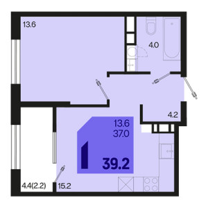 1 комнатная 39.2м²