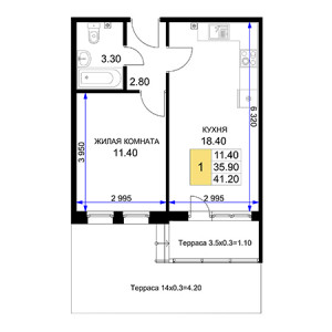 1 комнатная 41.2м²