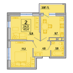 2 комнатная 43.4м²