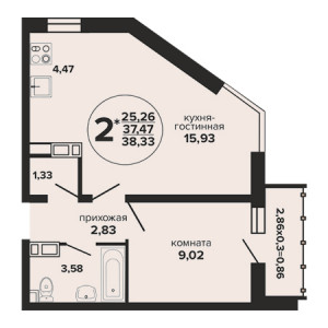 1 комнатная 38.33м²