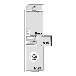 1 комнатная 44.16м²