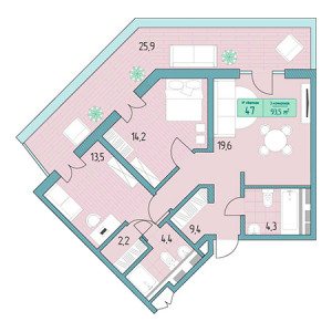 3 комнатная 93.5м²