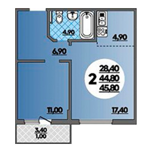 1 комнатная 45.8м²