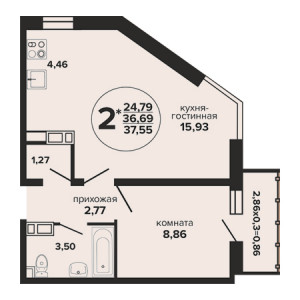 1 комнатная 37.55м²