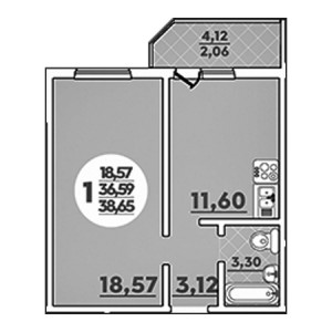 1 комнатная 38.65м²