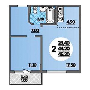 1 комнатная 45.2м²