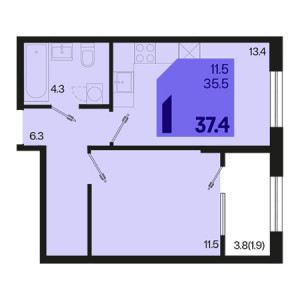 1 комнатная 37.4м²