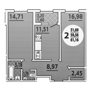 2 комнатная 61.16м²