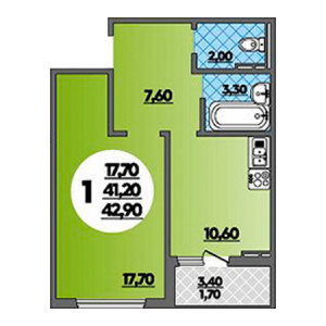 1 комнатная 42.9м²