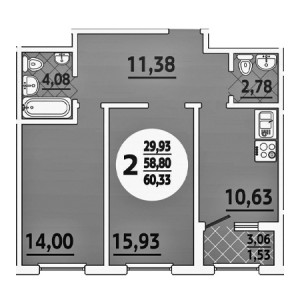 2 комнатная 60.33м²