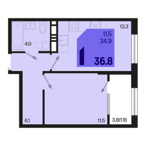 1 комнатная 36.8м²