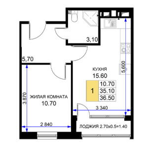 1 комнатная 36.5м²