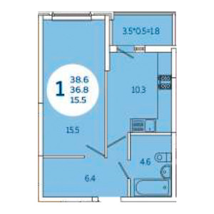 1 комнатная 38.6м²