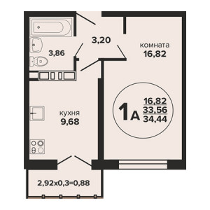 1 комнатная 34.44м²