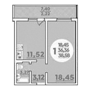 1 комнатная 38.58м²