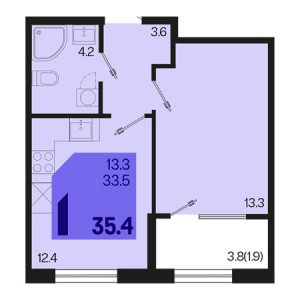 1 комнатная 35.4м²