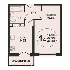 1 комнатная 33.88м²