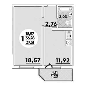 1 комнатная 37.51м²