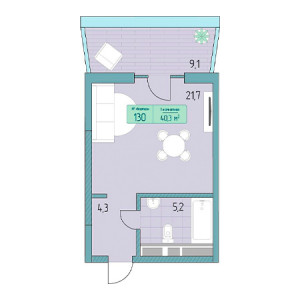 1 комнатная 40.3м²