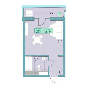 1 комнатная 38.1м²